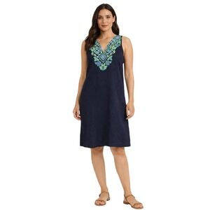 J.Crew Women's Linen Shift Dress Sz L Blue Embroidered V-Neck Sleeveless casual